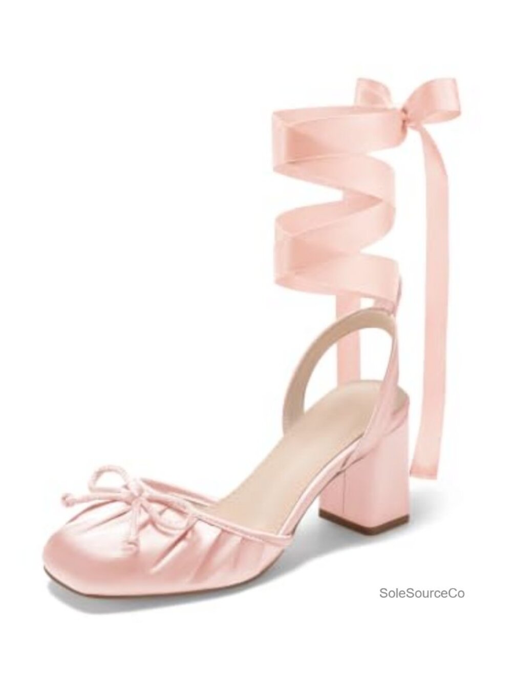 Ballet Heels for Women Bow Closed Square Toe Chunky Block Heel Pumps Satin Lace
